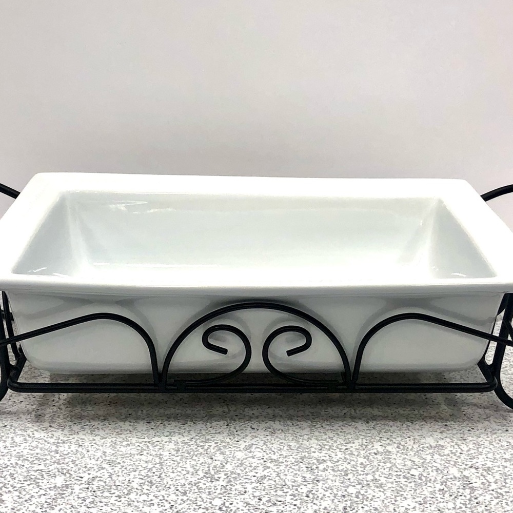 Brand new White rectangle baking dish with black metal stand